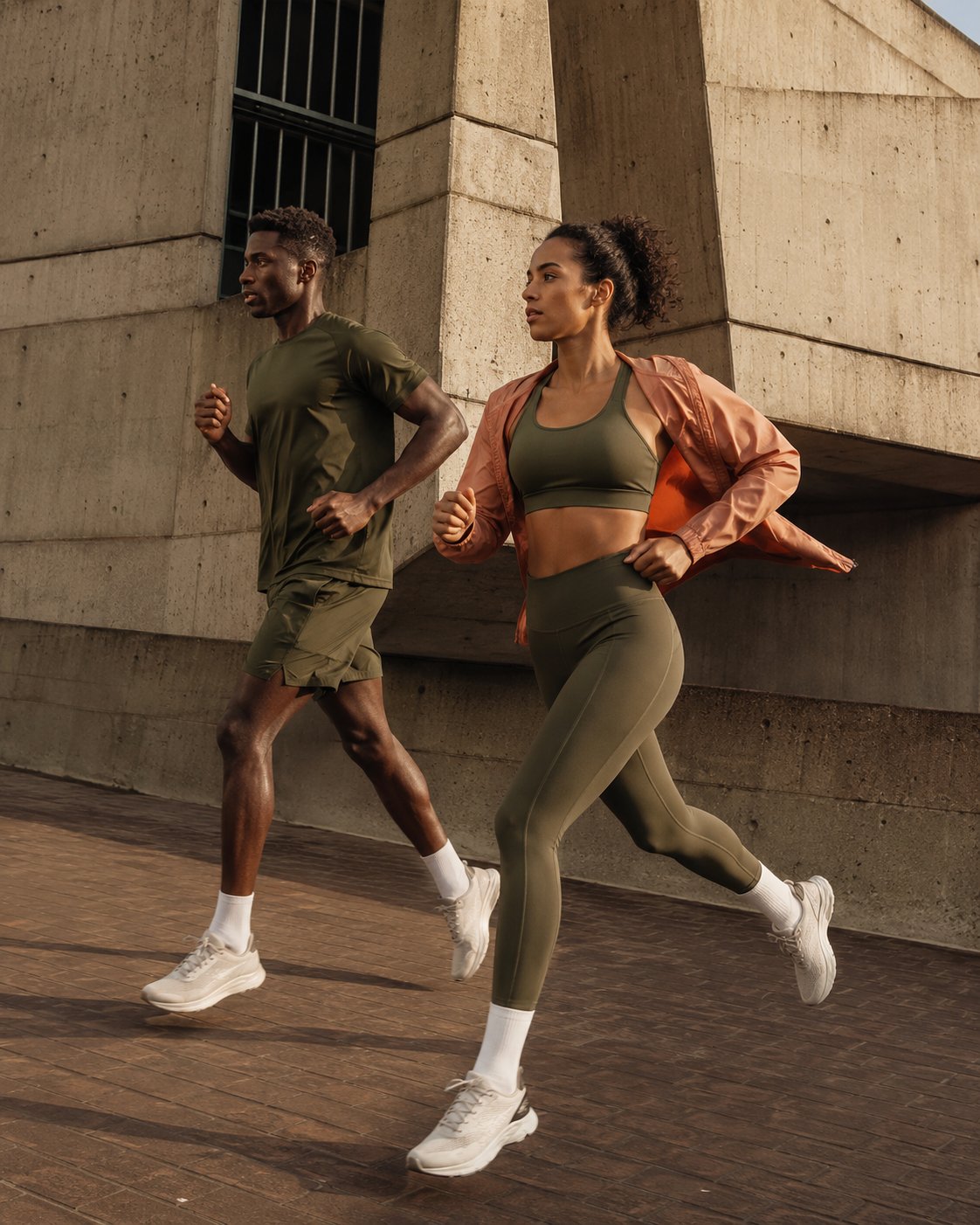 Pareja corriendo con ropa deportiva PACHA Studio color oliva